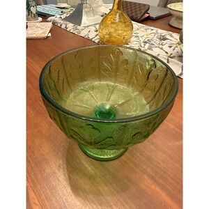 Vintage 1975 Green FTD Pedestal‎ Compote Oak Leaf Textured Bowl 6.5in X 5 1/2"